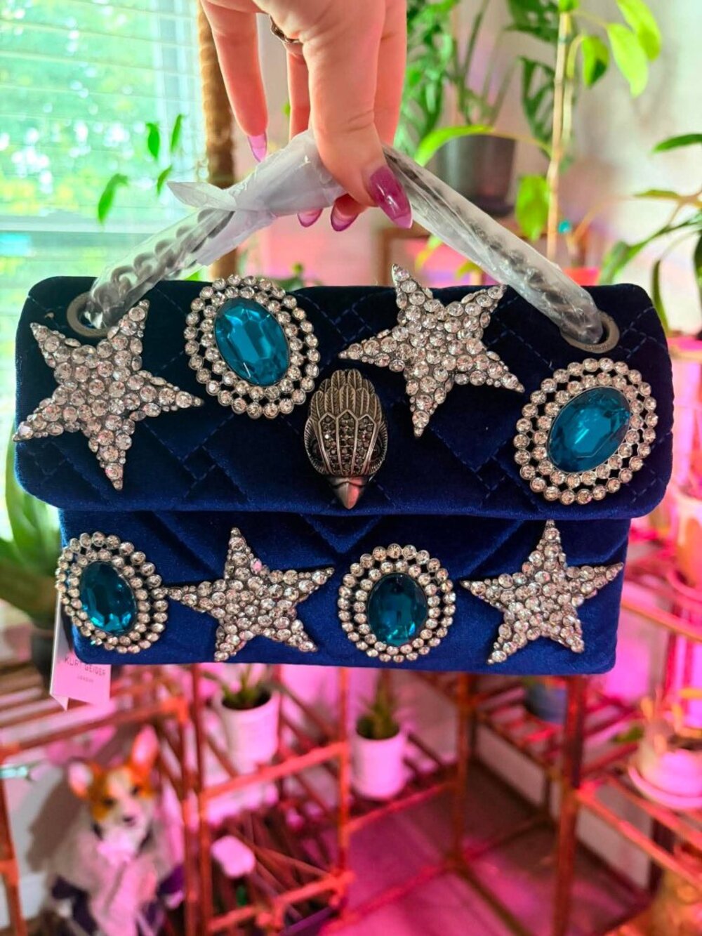 Kurt Geiger London Kensington Blue Velvet Crystal Star Embellished Shoulder Bag